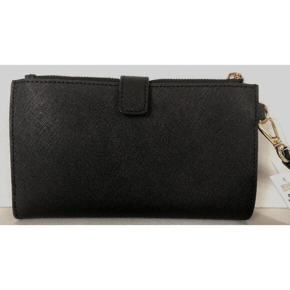 New Michael Kors Jet Set Travel Double zip wristlet Leather wallet Black / Gold - Picture 2 of 7